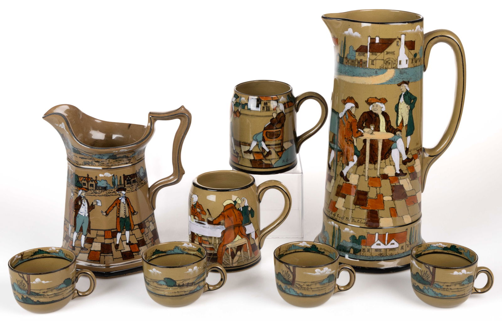 BUFFALO POTTERY HAND-PAINTED DELDARE DRINKING ARTICLES, LOT OF EIGHT (1 of 1)