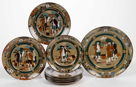 BUFFALO POTTERY HAND-PAINTED YE OLDEN DAYS DELDARE PLATES, LOT OF NINE