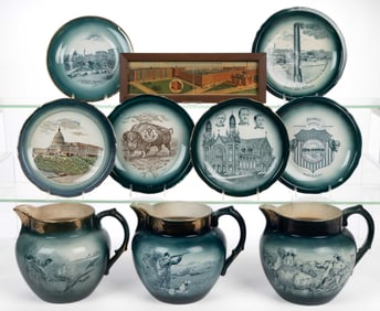 BUFFALO POTTERY BLUE-GREEN DECORATED ARTICLES, LOT OF NINE