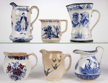 BUFFALO POTTERY TRANSFER-PRINTED JUGS / PITCHERS, LOT OF SIX