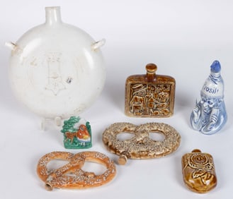 AMERICAN AND GERMAN CERAMIC CANTEEN AND FLASKS, LOT OF SIX