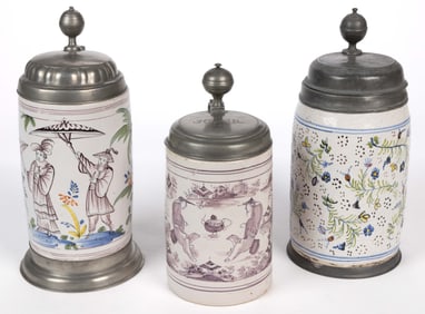 GERMAN WALZENDRUG FAIENCE TIN-GLAZED EARTHENWARE STEINS, LOT OF THREE