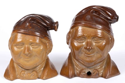 BRITISH BROWN STONEWARE SOUTER JOHNNIE LARGE FIGURAL DRINKING ARTICLES, LOT OF TWO