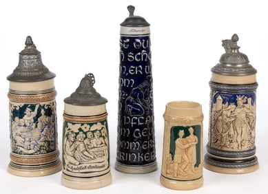 GERMAN STONEWARE STEINS, LOT OF FIVE