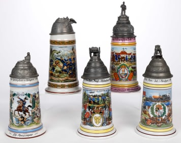 GERMAN PORCELAIN REGIMENTAL LITHOPHANE STEINS, LOT OF FIVE