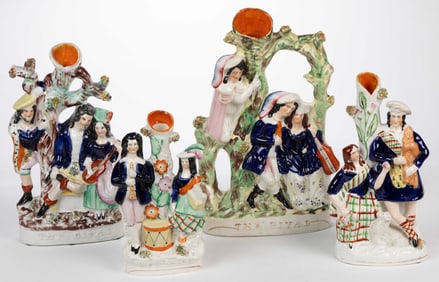 ENGLISH STAFFORDSHIRE HAND-PAINTED CERAMIC MUSICIANS / LITERARY FIGURAL GROUP SPILL VASES, LOT OF