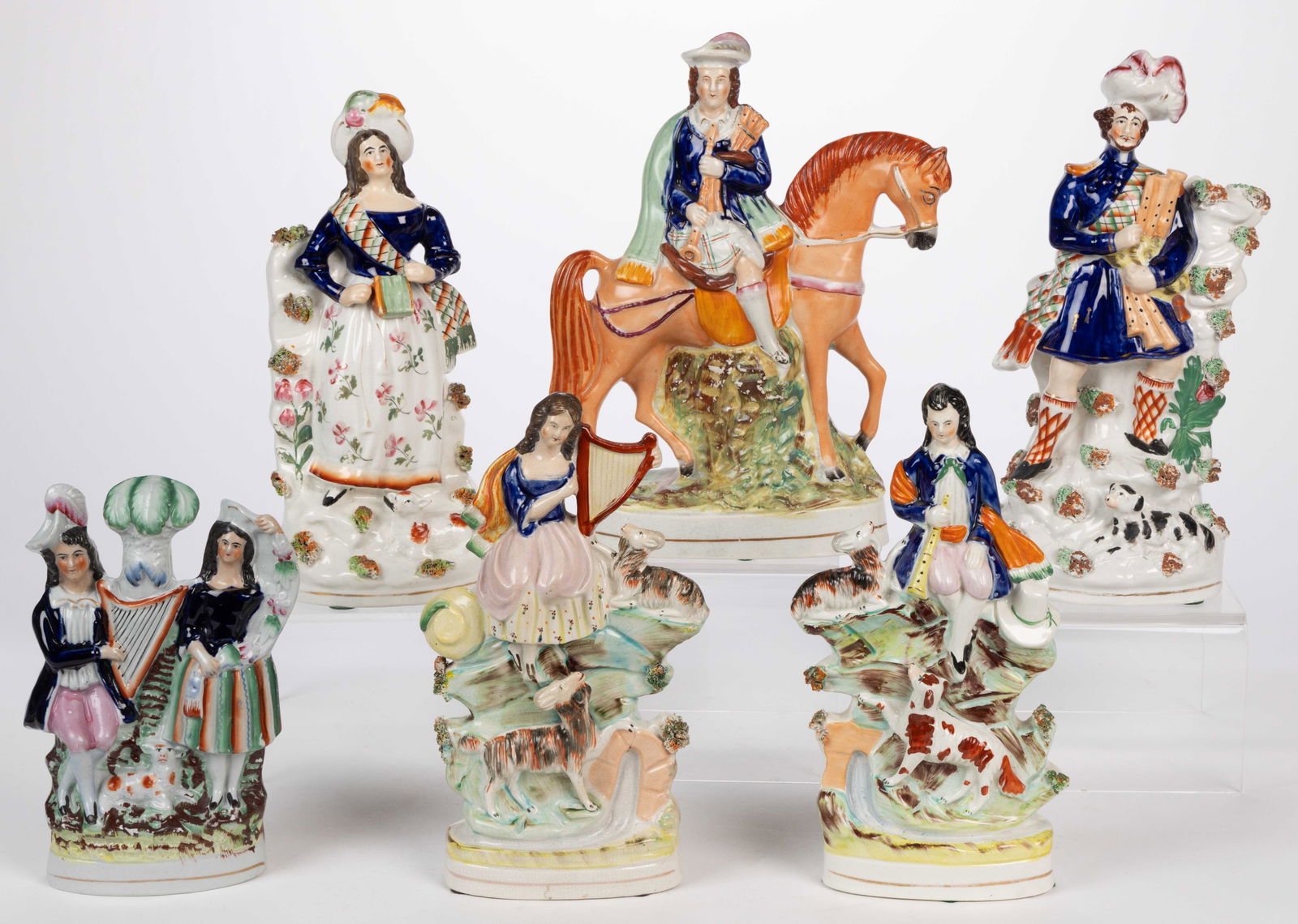 ENGLISH STAFFORDSHIRE HAND-PAINTED CERAMIC MUSICIAN FIGURES, LOT OF SIX (1 of 2)