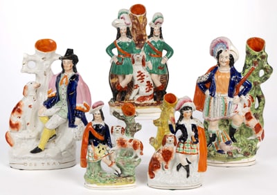 ENGLISH STAFFORDSHIRE HAND-PAINTED CERAMIC FIGURAL SPILL VASES WITH DOGS, LOT OF FIVE