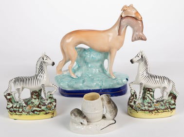 ENGLISH STAFFORDSHIRE HAND-PAINTED CERAMIC ANIMAL FIGURES, LOT OF THREE