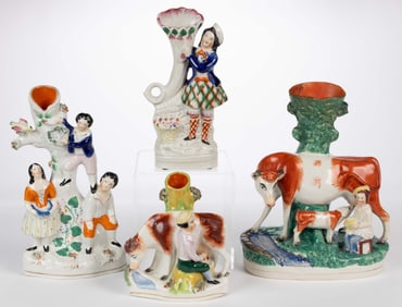 ENGLISH STAFFORDSHIRE HAND-PAINTED CERAMIC FIGURAL SPILL VASES, LOT OF FOUR