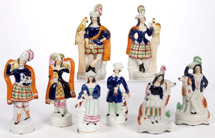 ENGLISH STAFFORDSHIRE HAND-PAINTED FIGURAL PAIRS, LOT OF FOUR