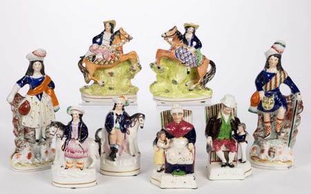ENGLISH STAFFORDSHIRE HAND-PAINTED CERAMIC FIGURAL PAIRS, LOT OF FOUR
