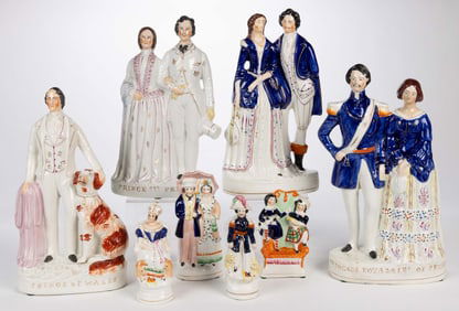 ENGLISH STAFFORDSHIRE HAND-PAINTED CERAMIC ROYAL FIGURES, LOT OF EIGHT