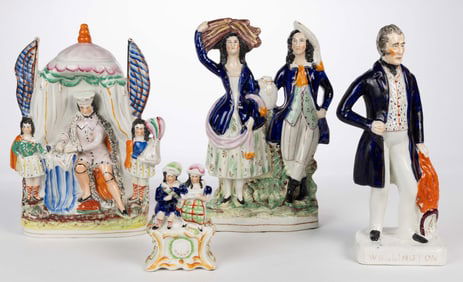 ENGLISH STAFFORDSHIRE HAND-PAINTED CERAMIC FIGURES, LOT OF FOUR