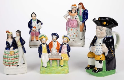 ENGLISH HAND-PAINTED CERAMIC FIGURAL ARTICLES, LOT OF FIVE