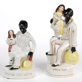 ENGLISH STAFFORDSHIRE HAND-PAINTED CERAMIC UNCLE TOM AND EVA FIGURAL GROUPS, LOT OF TWO
