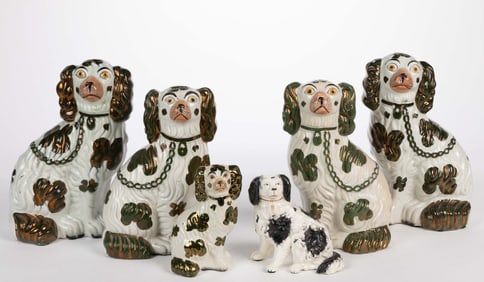 ENGLISH STAFFORDSHIRE HAND-PAINTED CERAMIC DOG / SPANIEL FIGURES, LOT OF SIX