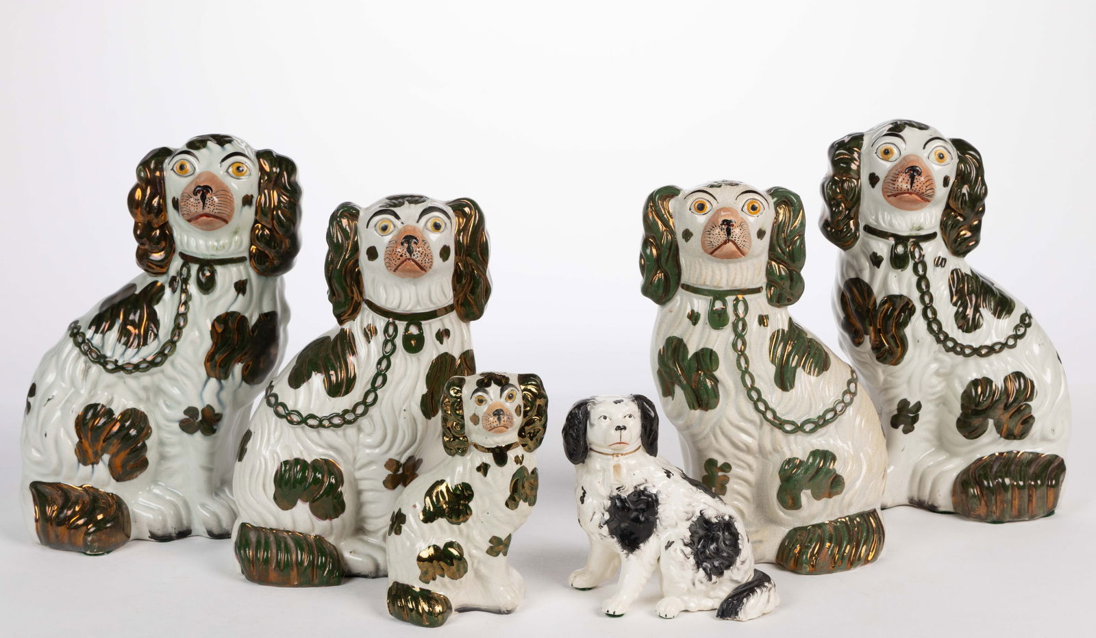 ENGLISH STAFFORDSHIRE HAND-PAINTED CERAMIC DOG / SPANIEL FIGURES, LOT OF SIX (1 of 3)