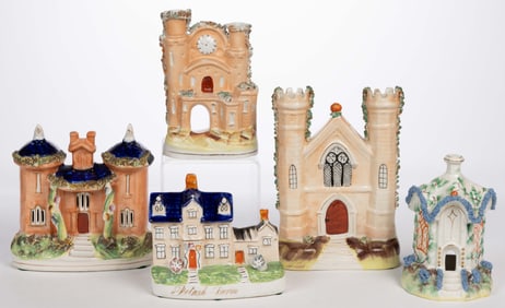 ENGLISH STAFFORDSHIRE HAND-PAINTED CERAMIC FIGURAL STRUCTURES, LOT OF FIVE