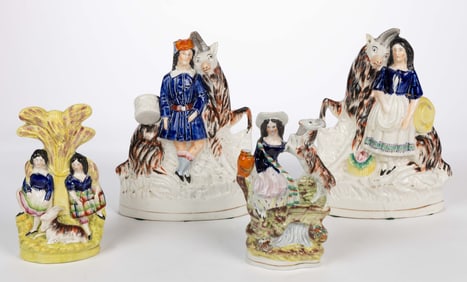 ENGLISH STAFFORDSHIRE HAND-PAINTED CERAMIC FIGURES WITH GOATS, LOT OF FOUR