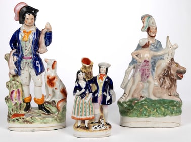 ENGLISH STAFFORDSHIRE HAND-PAINTED CERAMIC FIGURAL GROUPS WITH ANIMALS, LOT OF THREE