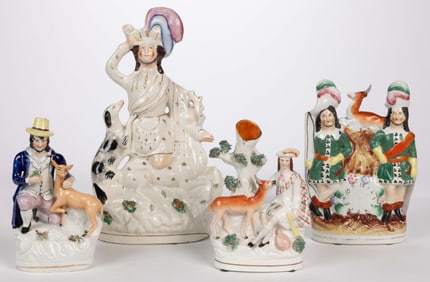 ENGLISH STAFFORDSHIRE HAND-PAINTED CERAMIC FIGURAL GROUPS WITH DEER, LOT OF FOUR