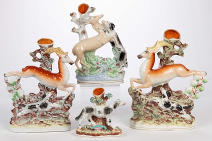 ENGLISH STAFFORDSHIRE HAND-PAINTED CERAMIC ANIMAL FIGURAL SPILL VASES, LOT OF FOUR