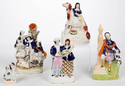 ENGLISH STAFFORDSHIRE HAND-PAINTED CERAMIC FIGURES, LOT OF FIVE