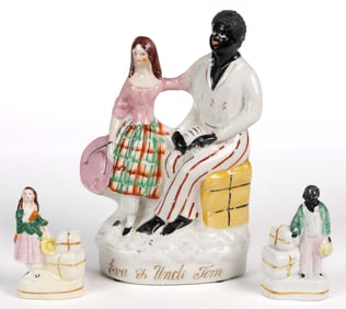 ENGLISH STAFFORDSHIRE HAND-PAINTED CERAMIC UNCLE TOM AND EVA FIGURES, LOT OF THREE