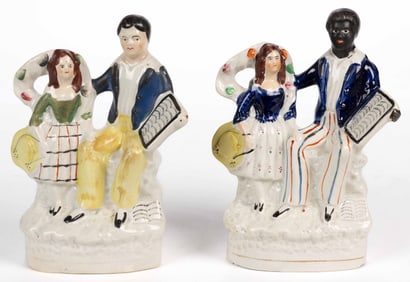 ENGLISH STAFFORDSHIRE HAND-PAINTED CERAMIC UNCLE TOM AND EVA FIGURAL GROUPS, LOT OF TWO