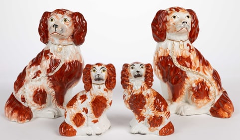 ENGLISH STAFFORDSHIRE HAND-PAINTED CERAMIC DOG / SPANIEL PAIRS, LOT OF TWO