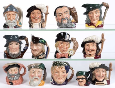 ENGLISH ROYAL DOULTON CERAMIC LITERARY AND OTHER CHARACTER TOBY JUGS, LOT OF 13