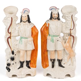 ENGLISH STAFFORDSHIRE HAND-PAINTED CERAMIC HUNTER LARGE FIGURAL SPILL VASE PAIR