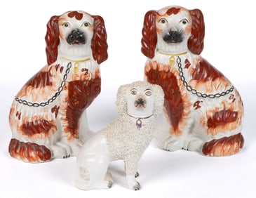 ENGLISH STAFFORDSHIRE HAND-PAINTED CERAMIC DOG / SPANIEL FIGURES, LOT OF THREE
