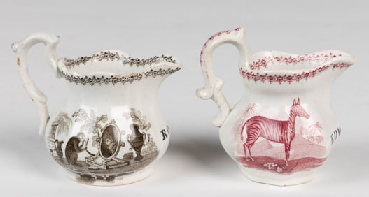 STAFFORDSHIRE TRANSFER-PRINTED ANIMAL MOTIF CHILDREN'S NAME JUGS, LOT OF TWO