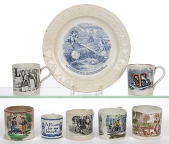 BRITISH TRANSFER-PRINTED CERAMIC CHILDREN'S ABC AND OTHER ARTICLES, LOT OF EIGHT