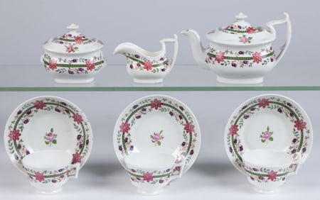 ENGLISH HAND-PAINTED FLORAL MOTIF CERAMIC CHILDREN'S NINE-PIECE TEA SET