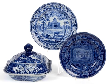 STAFFORDSHIRE BLUE TRANSFER-PRINTED CERAMIC TABLE ARTICLES, LOT OF THREE