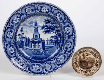 STAFFORDSHIRE TRANSFER-PRINTED AMERICAN VIEW CERAMIC PLATES, LOT OF TWO