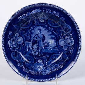 STAFFORDSHIRE BLUE TRANSFER-PRINTED AMERICAN HISTORICAL PEACE AND PLENTY CERAMIC SOUP PLATE