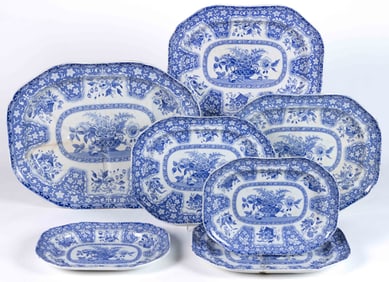 STAFFORDSHIRE SPODE TRANSFER-PRINTED FLORAL MOTIF CERAMIC PLATTERS, LOT OF SEVEN