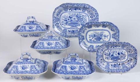 STAFFORDSHIRE SPODE TRANSFER-PRINTED FLORAL MOTIF CERAMIC TABLE ARTICLES, SET OF FIVE