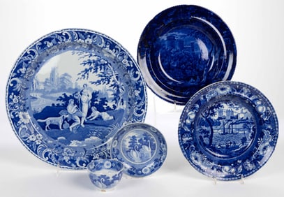 STAFFORDSHIRE BLUE TRANSFER-PRINTED CERAMIC TEA AND TABLE ARTICLES, LOT OF FIVE