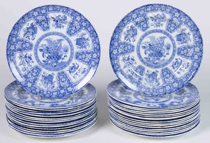 STAFFORDSHIRE SPODE TRANSFER-PRINTED FLORAL MOTIF CERAMIC PLATES, LOT OF 33