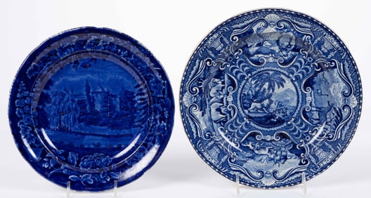 STAFFORDSHIRE BLUE TRANSFER-PRINTED CERAMIC PLATES, LOT OF TWO