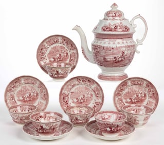 STAFFORDSHIRE TRANSFER-PRINTED "PALESTINE" CERAMIC 13-PIECE COFFEE SET