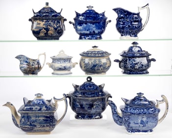 STAFFORDSHIRE AND OTHERS BLUE TRANSFER-PRINTED CERAMIC TEA ARTICLES, LOT OF TEN