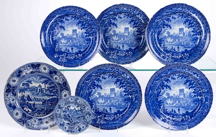 STAFFORDSHIRE TRANSFER-PRINTED CERAMIC PLATES, LOT OF SEVEN