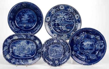 STAFFORDSHIRE BLUE TRANSFER-PRINTED TABLE ARTICLES, LOT OF FIVE