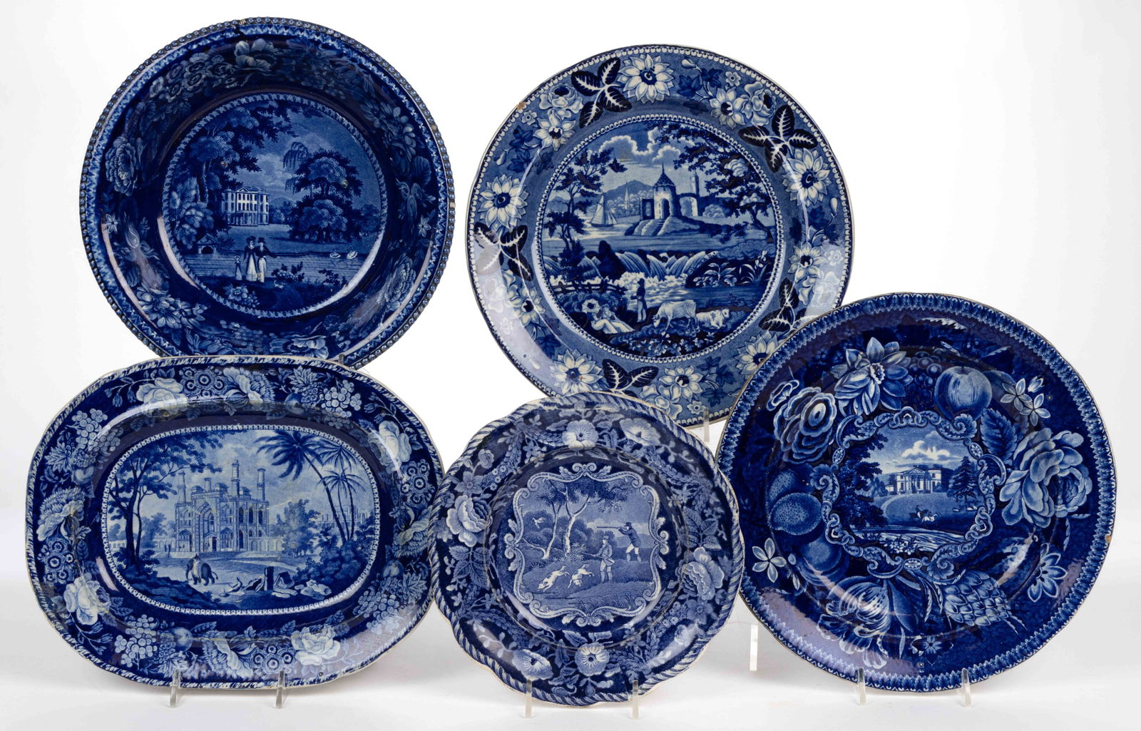 STAFFORDSHIRE BLUE TRANSFER-PRINTED TABLE ARTICLES, LOT OF FIVE (1 of 2)